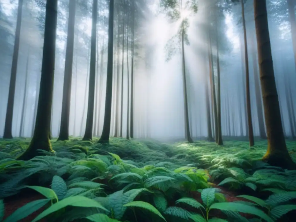 Bosque sostenible: armonía natural y tecnológica Bosque verde exuberante con luz solar entre hojas, invita a reflexionar sobre la armonía entre tecnología y naturaleza