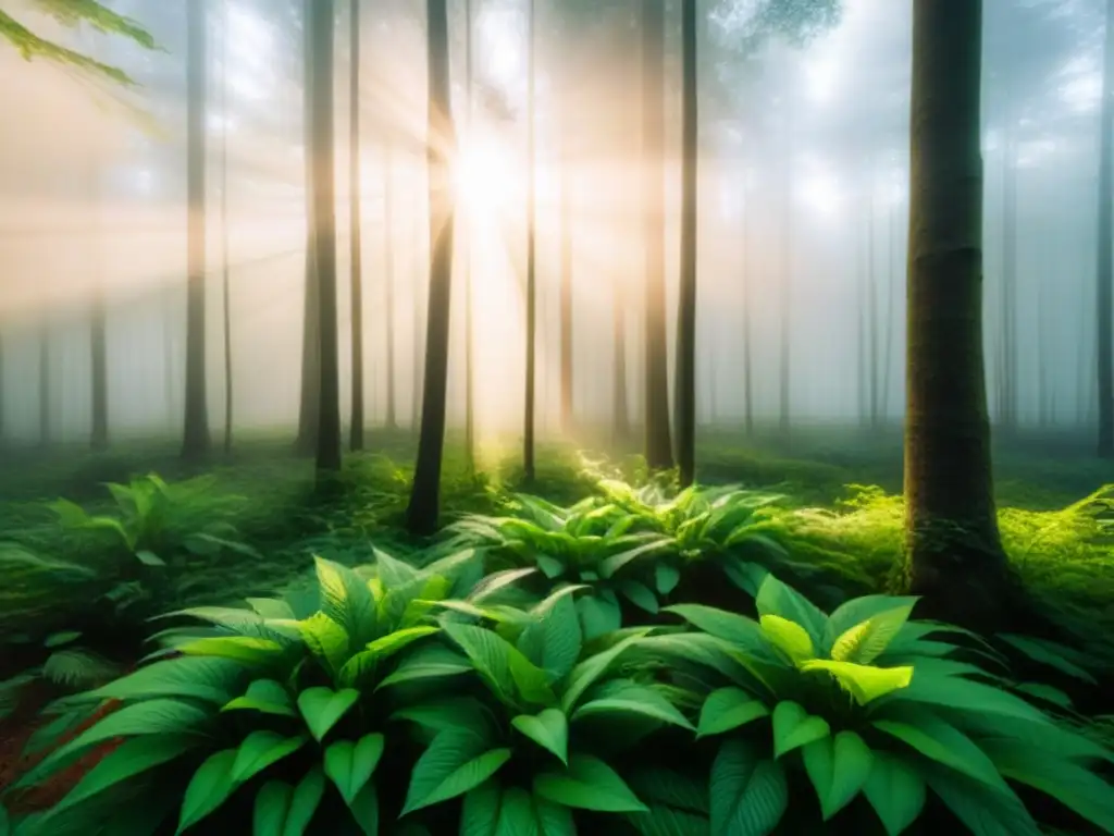 Un bosque verde exuberante con luz solar filtrándose entre las hojas, resaltando la belleza de usar materiales biodegradables sustituyen plástico