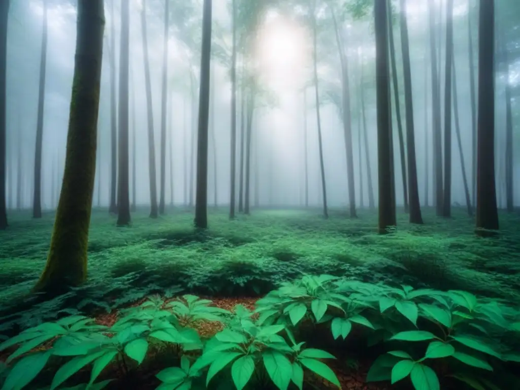 Un bosque verde exuberante con luz solar filtrándose entre las hojas, creando sombras en el suelo