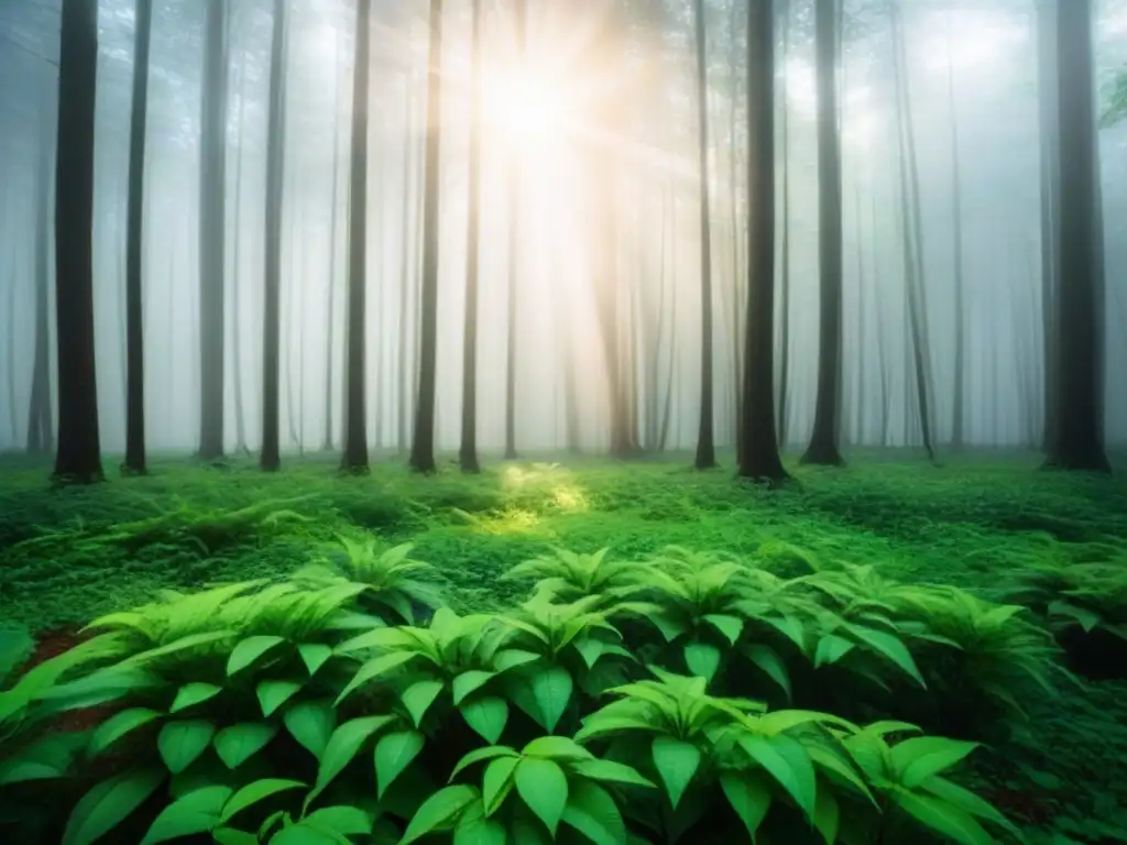 Un bosque verde exuberante con luz solar filtrándose entre las hojas, ideal para aplicaciones para cosméticos ecológicos