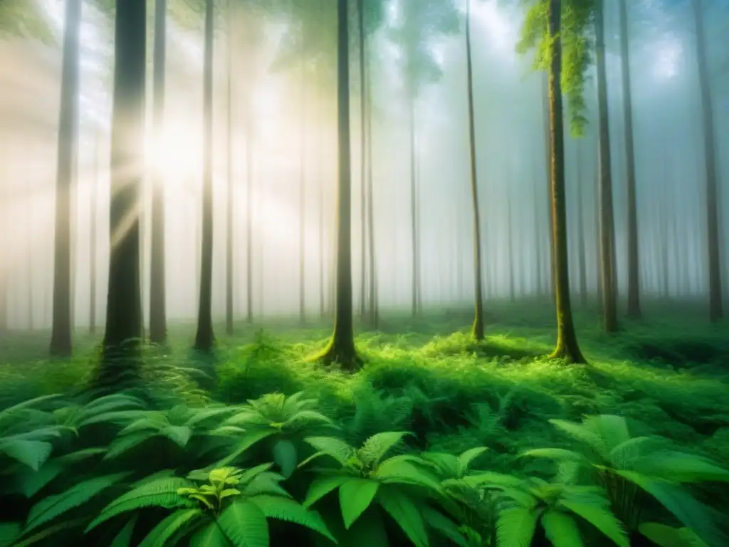 Bosque verde exuberante con luz solar filtrándose entre el dosel, destacando la importancia de las Apps sostenibles para conservación ambiental