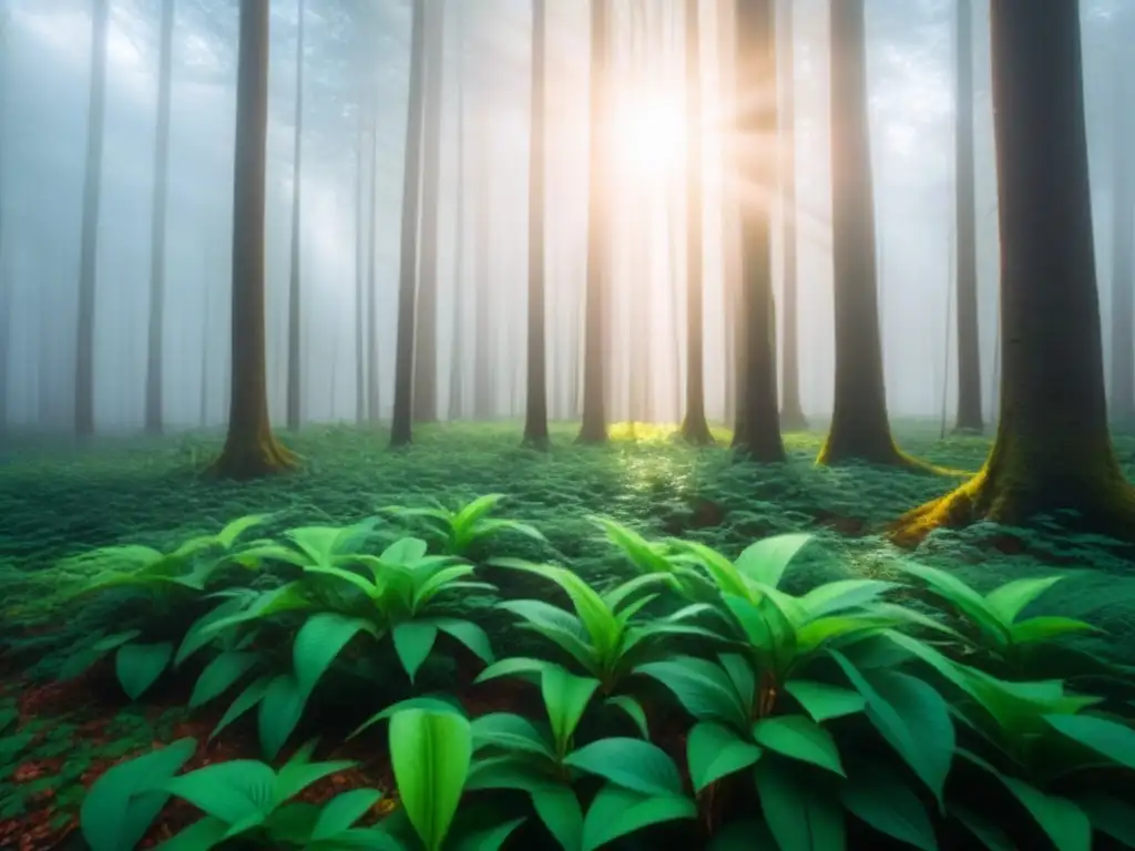 Un bosque verde exuberante con luz solar filtrándose entre las hojas, mostrando la tranquilidad y belleza de la naturaleza