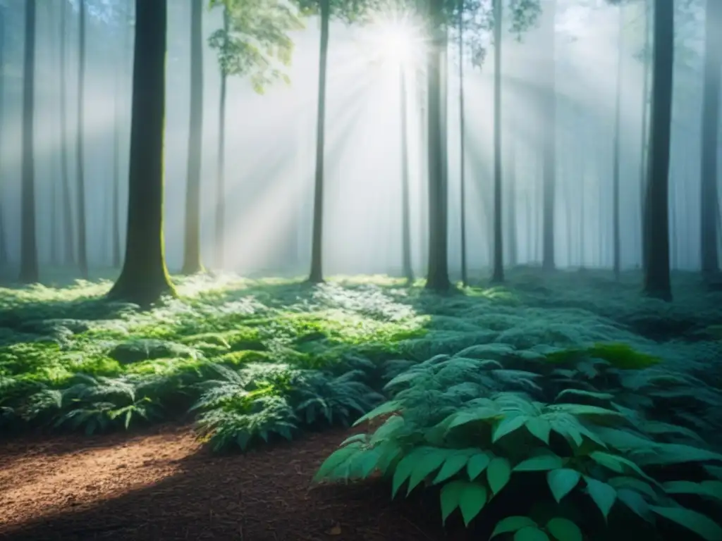 Un bosque verde exuberante con luz solar filtrándose entre las hojas, creando sombras moteadas en el suelo