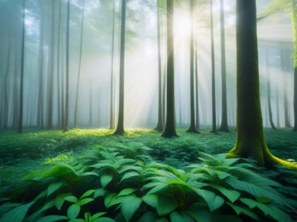 Un bosque verde exuberante con luz solar filtrándose entre las hojas