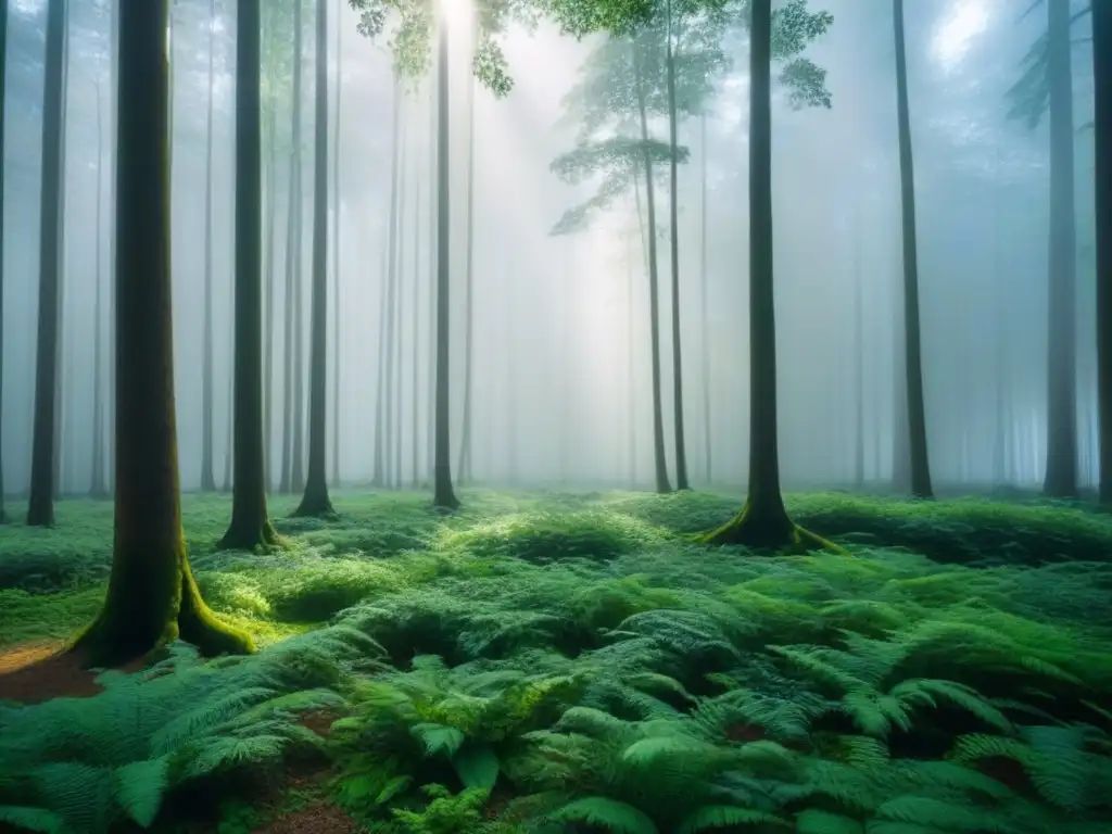 Un bosque verde exuberante con luz solar filtrándose suavemente entre los árboles, transmitiendo paz y armonía con la naturaleza