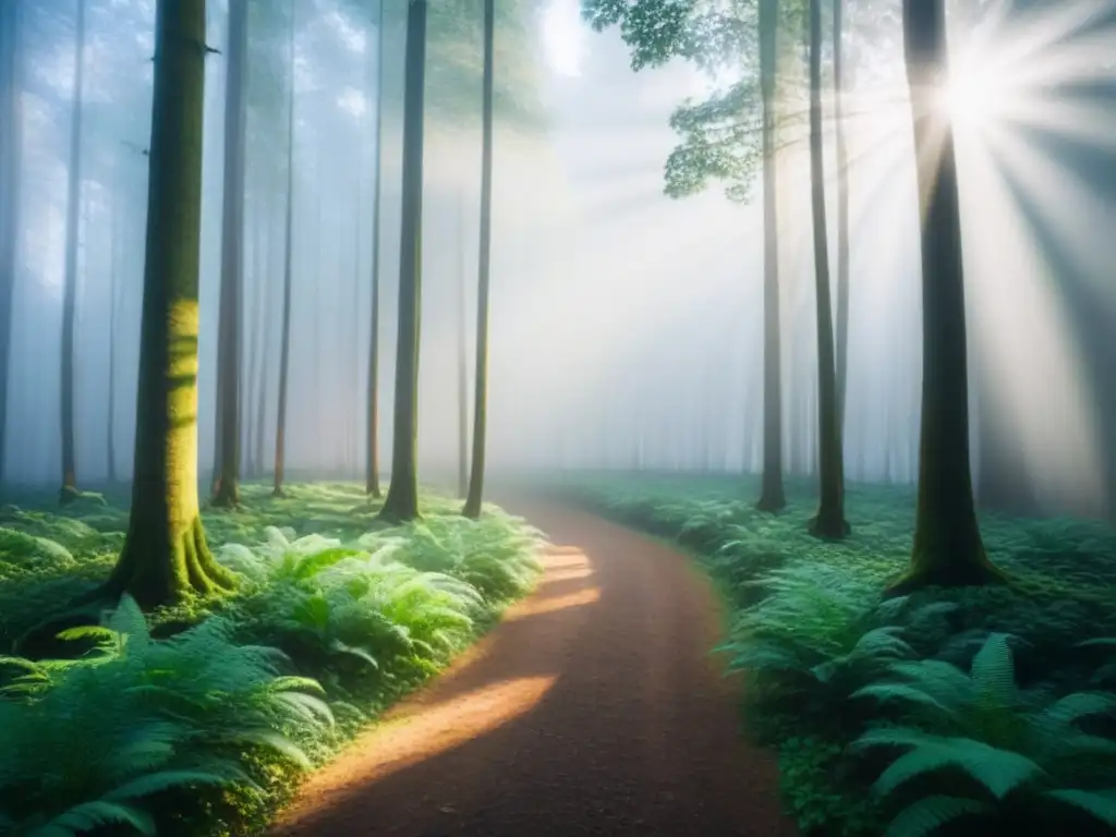 Un bosque verde exuberante con luz solar filtrándose entre el dosel, proyectando sombras moteadas en el suelo del bosque