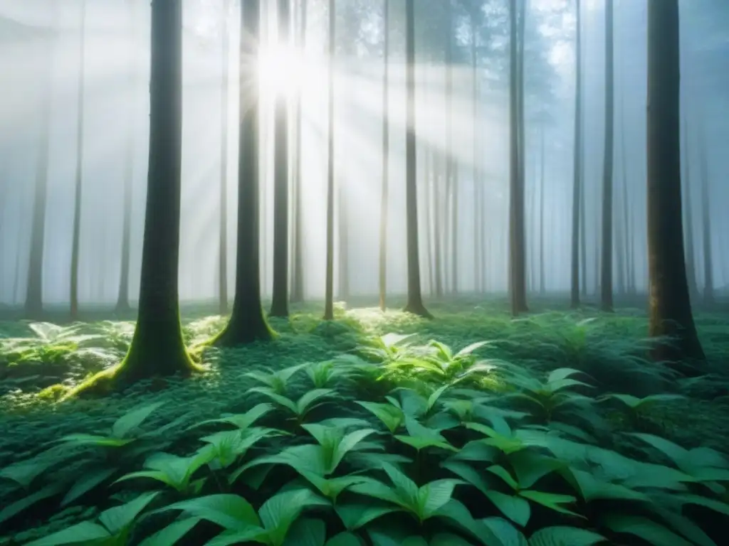 Un bosque verde exuberante con luz solar filtrándose entre las hojas, creando sombras moteadas en el suelo del bosque