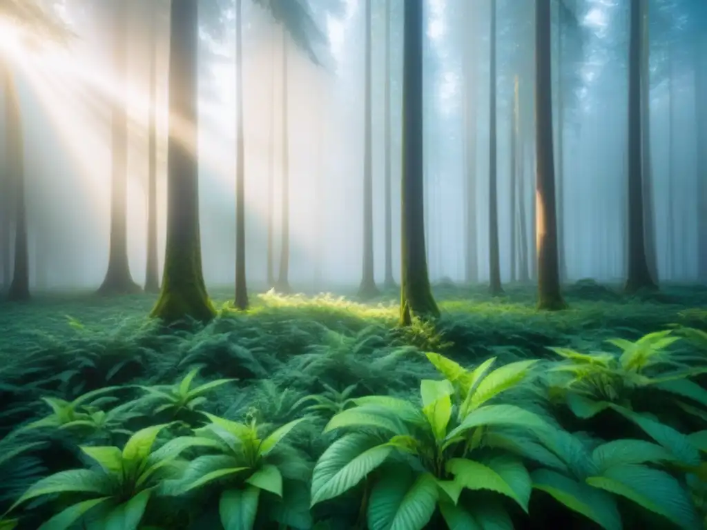 Un bosque verde exuberante con luz solar filtrándose entre los árboles