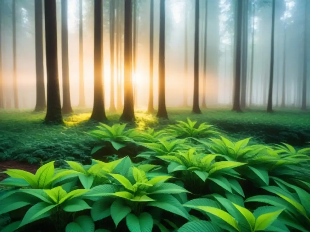 Un bosque verde exuberante con luz solar filtrándose entre las hojas, creando armonía natural