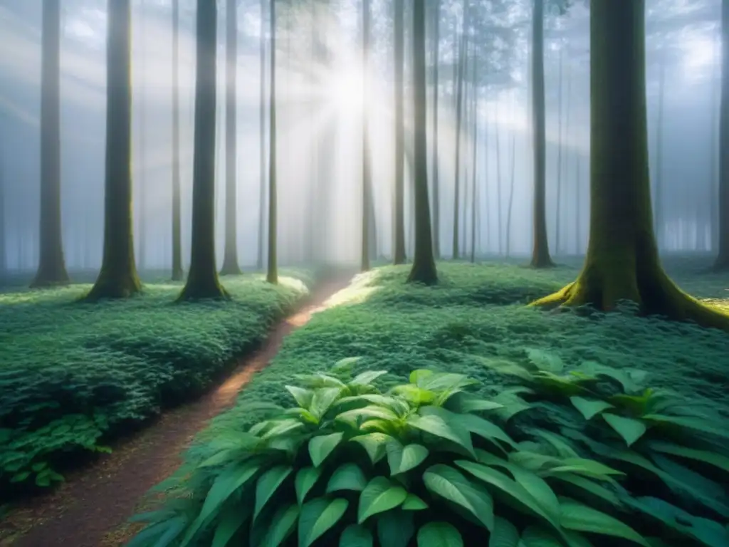 Un bosque verde exuberante con luz filtrando entre las hojas, proyectando sombras en el suelo