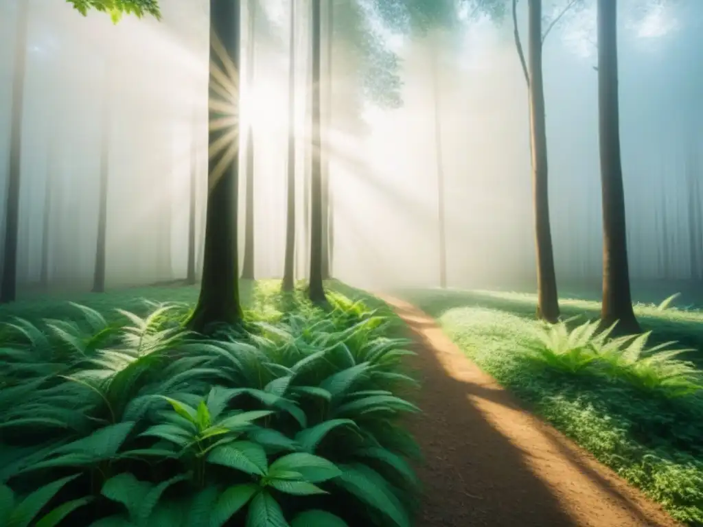 Un bosque verde exuberante con luz solar filtrándose entre los árboles