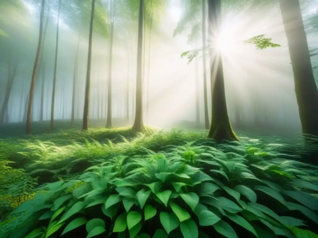 Un bosque verde exuberante con luz solar entre las hojas, transmitiendo calma y paz