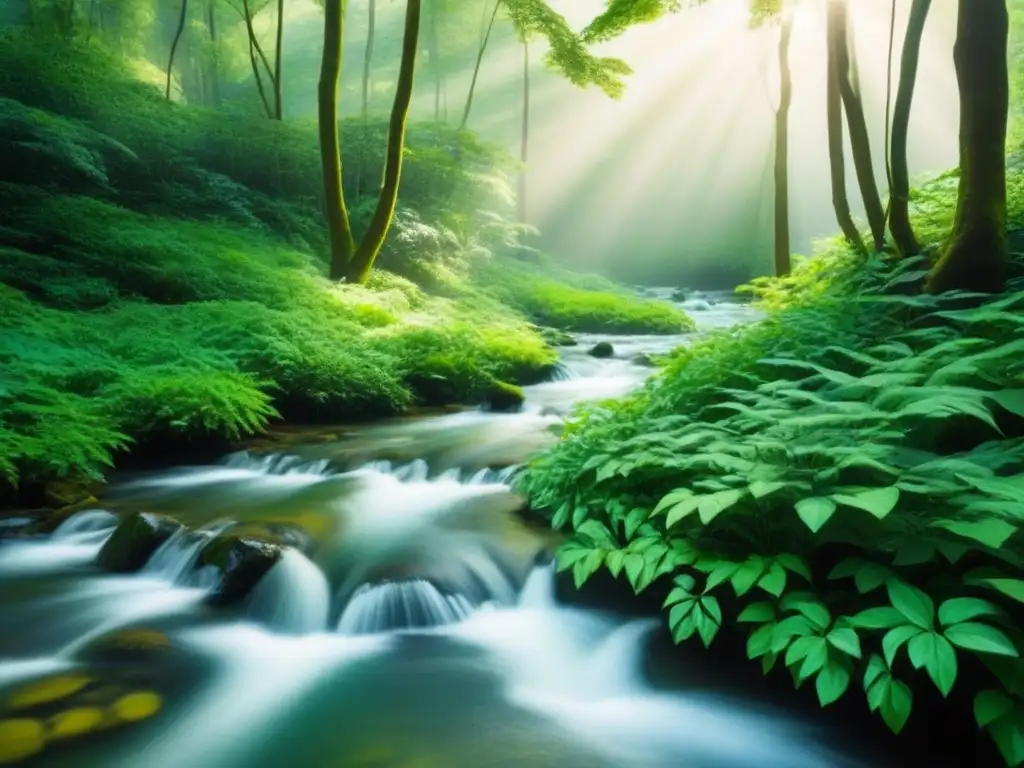 Un bosque verde exuberante con luz solar filtrándose entre las hojas, resaltando un arroyo tranquilo