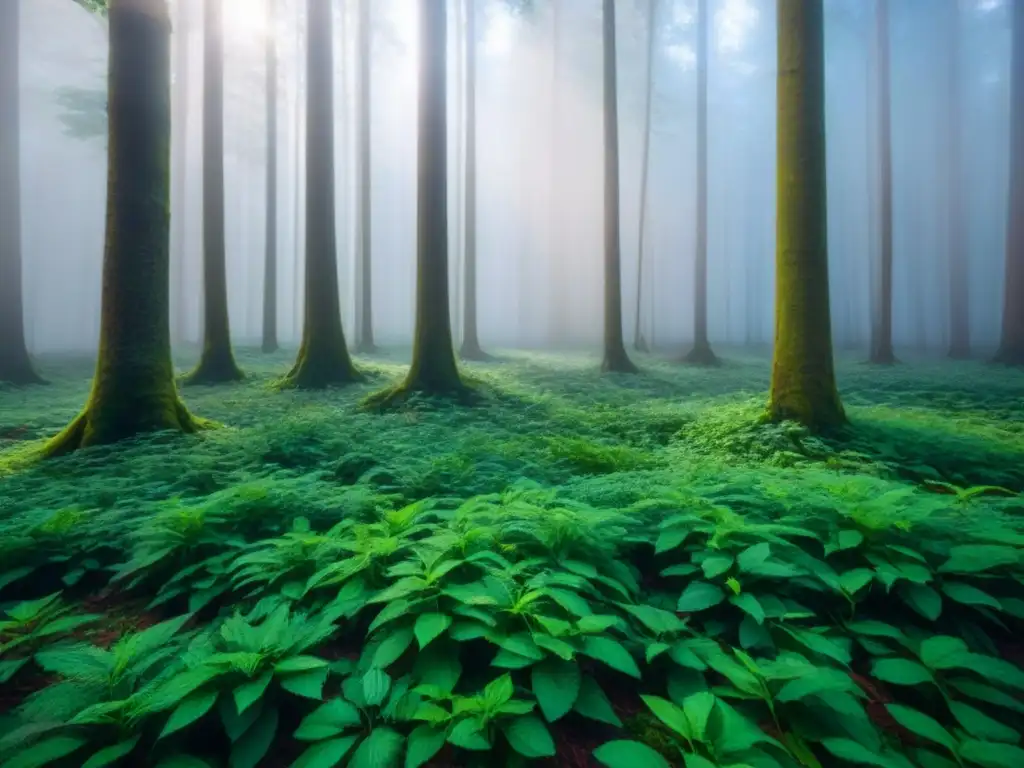 Un bosque verde exuberante con la luz del sol filtrándose entre los árboles, creando sombras en el suelo