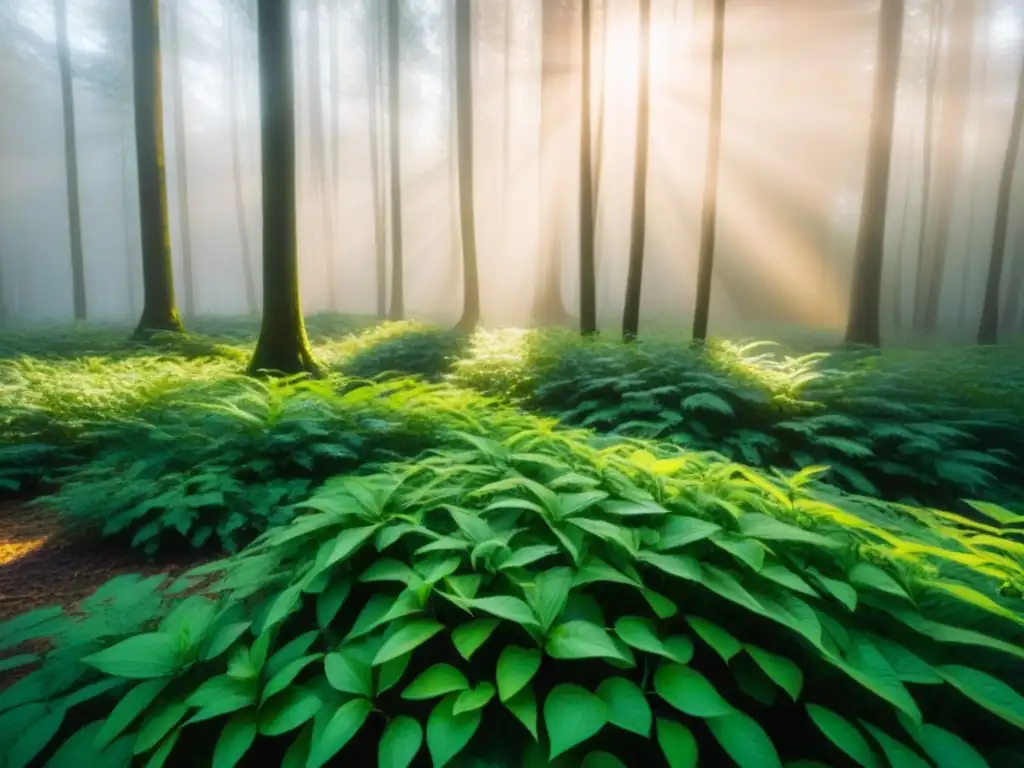 Un bosque verde exuberante con luz solar filtrándose entre las hojas, creando sombras danzantes en el suelo