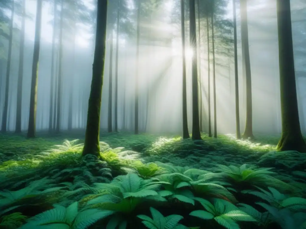 Un bosque verde exuberante con luz solar filtrándose a través del dosel, creando sombras moteadas en el suelo del bosque