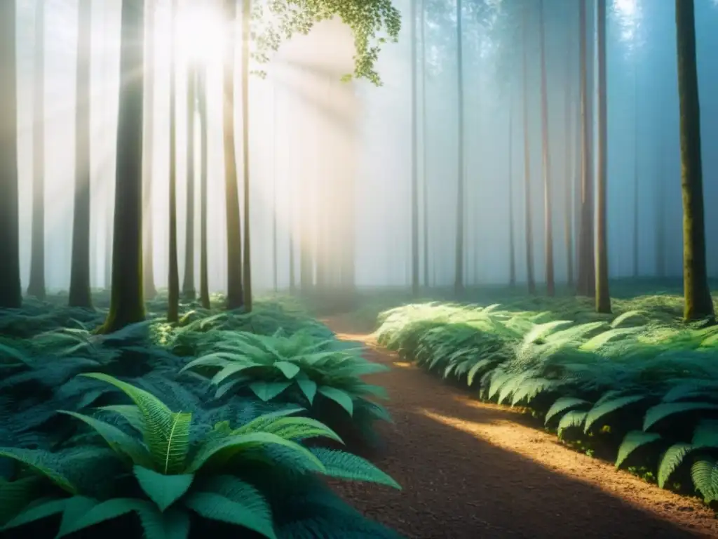 Un bosque verde exuberante con luz filtrándose entre las hojas, creando sombras suaves en el suelo