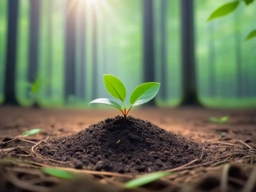 Un bosque verde exuberante con luz filtrándose entre las hojas, destacando un pequeño y delicado árbol brotando de la tierra fértil