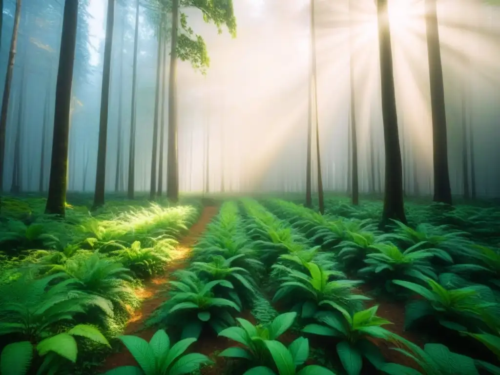 Un bosque verde exuberante con luz solar filtrándose entre los árboles, destacando la importancia de reducir el impacto plástico en los ecosistemas