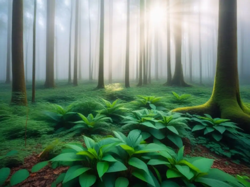 Un bosque verde exuberante con luz solar filtrándose entre las hojas, creando sombras suaves en el suelo