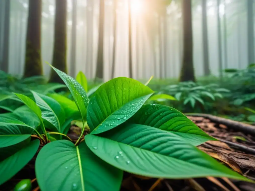 Un bosque verde exuberante con luz solar filtrándose entre el dosel, creando sombras moteadas en el suelo