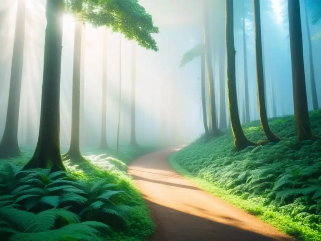 Un bosque verde exuberante con luz filtrándose entre las hojas, resaltando un sendero en un paisaje sereno