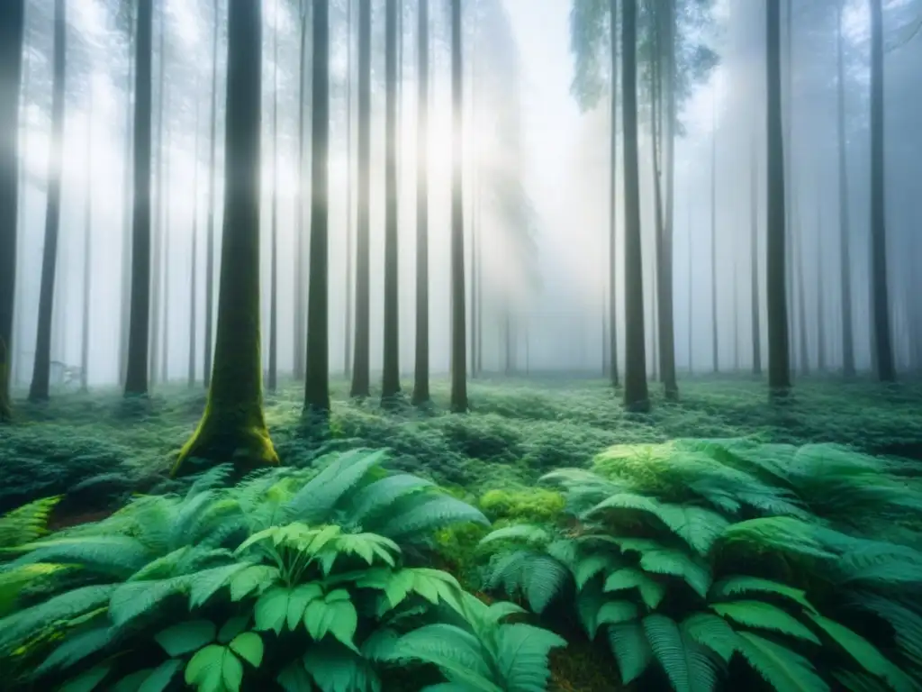 Un bosque verde exuberante con luz solar filtrándose entre los árboles, resaltando la importancia de corredores biológicos sostenibles