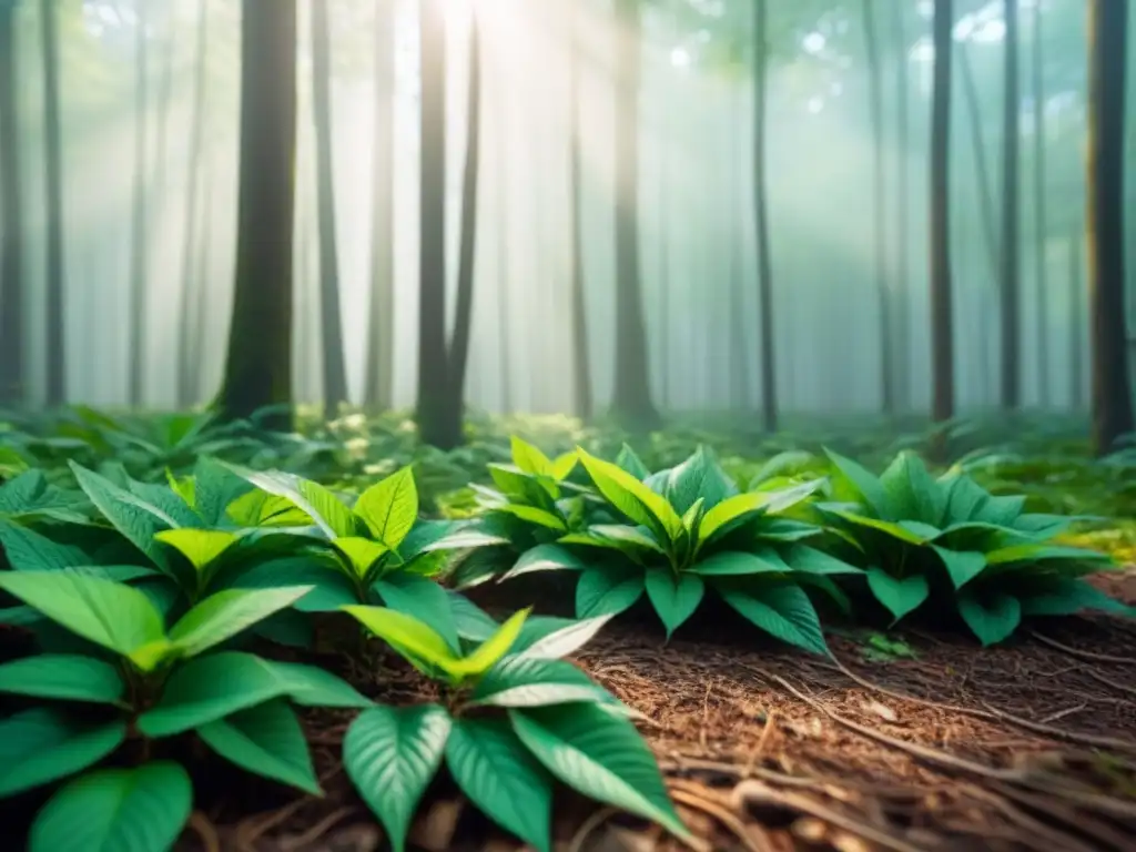 Un bosque verde exuberante con luz solar filtrándose entre el dosel, creando sombras en el suelo