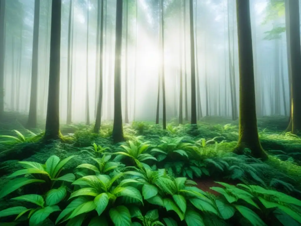 Bosque verde exuberante con luz solar filtrándose a través del dosel, resaltando plantas vibrantes y diversidad