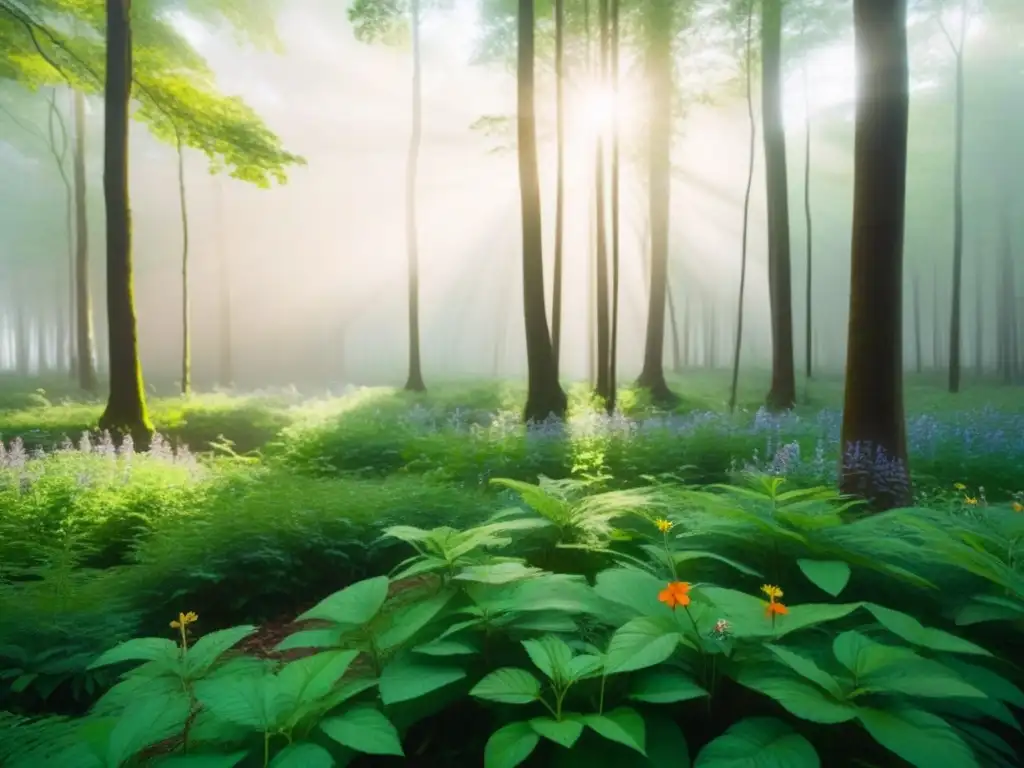 Un bosque verde exuberante con luz solar filtrándose entre las hojas, creando una atmósfera armoniosa y tranquila