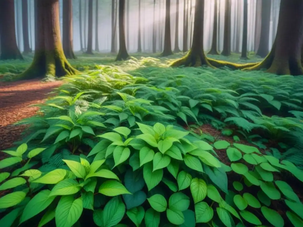 Bosque verde exuberante con luz solar filtrándose entre hojas, creando sombras en el suelo