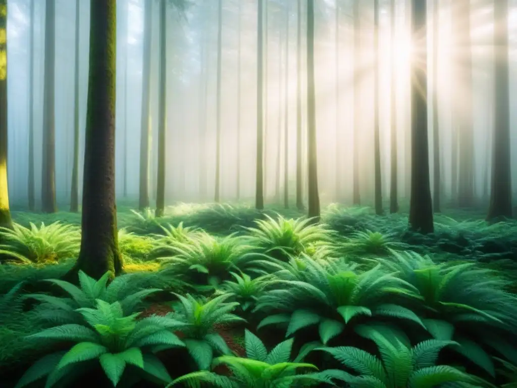 Un bosque verde exuberante con luz solar filtrándose entre los árboles, creando sombras suaves en el suelo