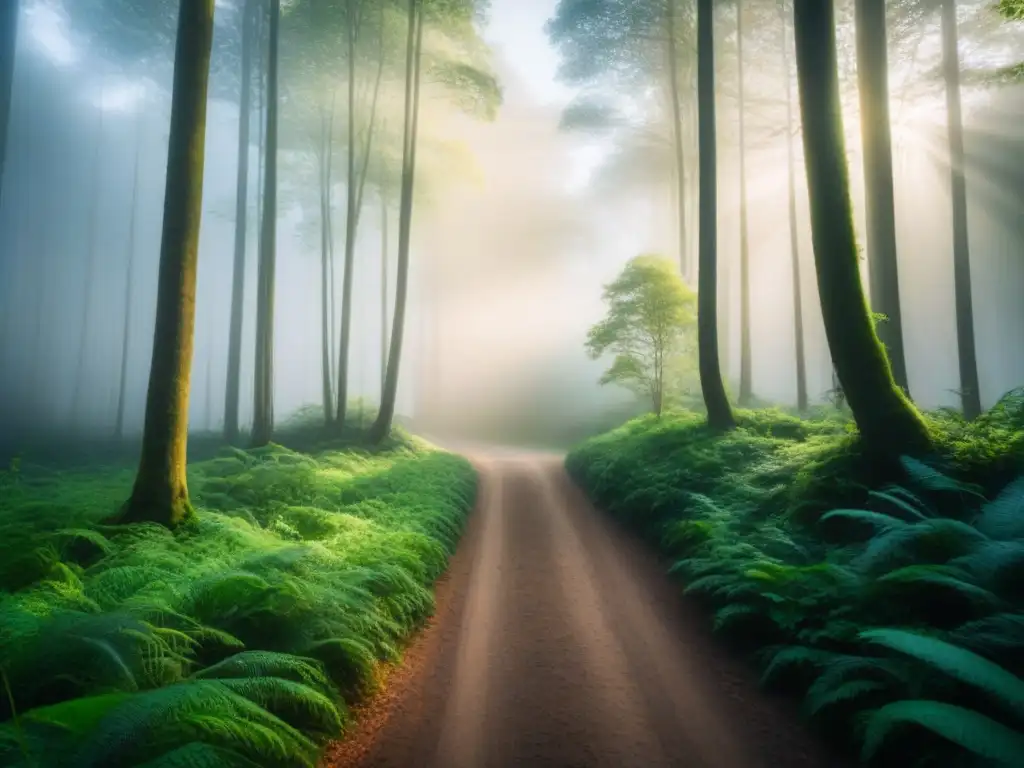 Bosque verde exuberante con luz solar filtrándose, reflejando la belleza y tranquilidad de la naturaleza