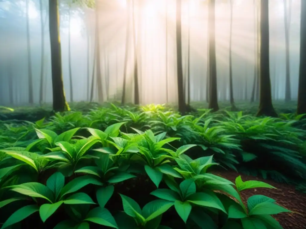 Bosque verde exuberante con luz solar filtrada entre las hojas, resaltando la belleza y tranquilidad de la naturaleza