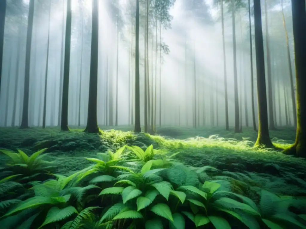 Un bosque verde exuberante con luz solar filtrándose entre el dosel, creando sombras suaves en el suelo