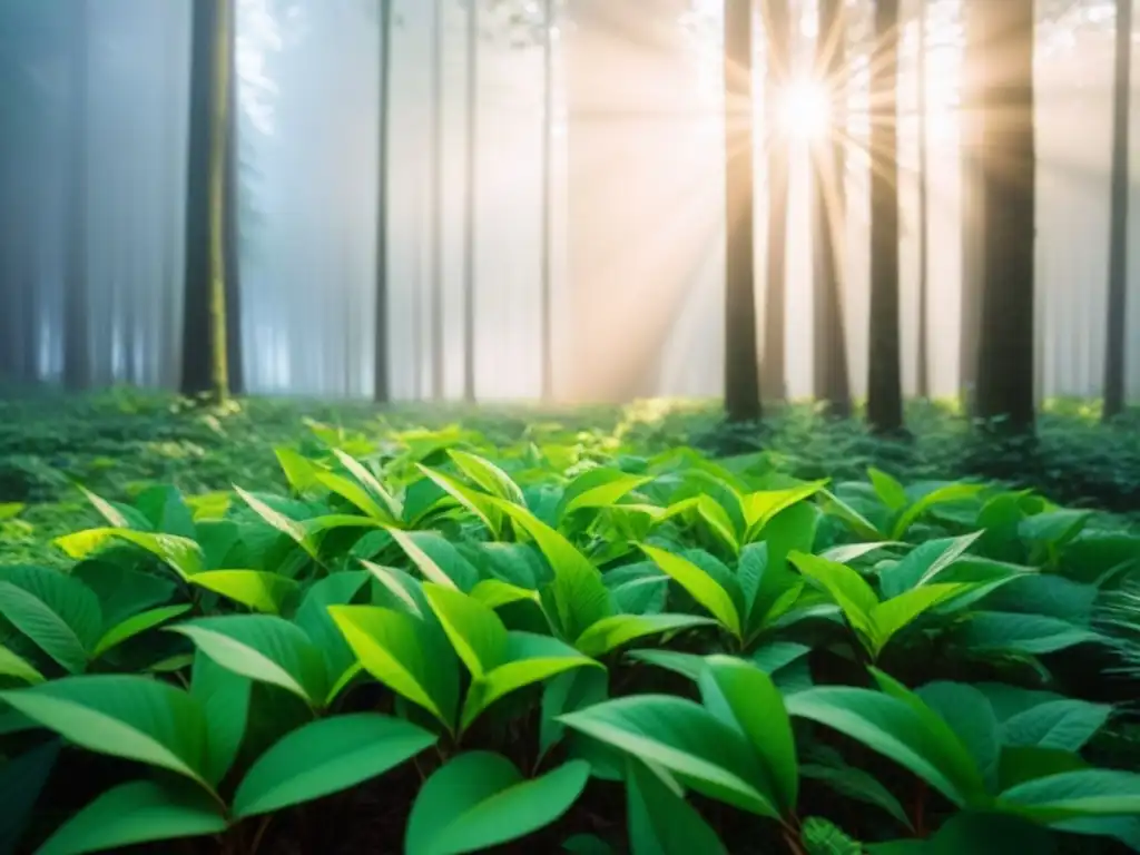 Un bosque verde exuberante con luz solar filtrándose entre las hojas, creando una atmósfera tranquila y rejuvenecedora