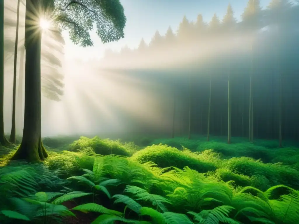 Un bosque verde y exuberante, con luz solar filtrándose a través del dosel, resaltando la belleza natural y serenidad de un entorno ecológico