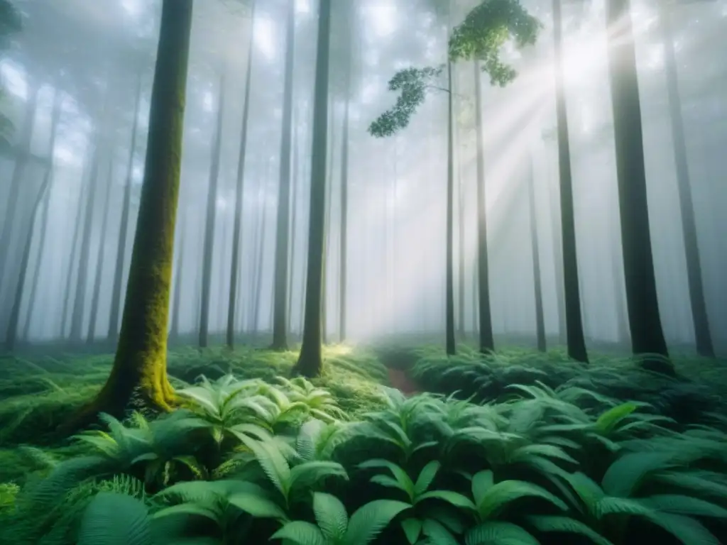 Un bosque verde exuberante con luz solar filtrándose a través del dosel, reflejando armonía y tranquilidad