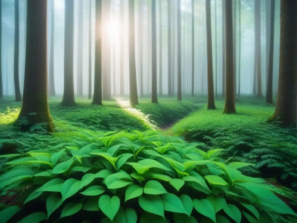 Bosque verde exuberante con luz solar filtrándose entre las hojas, creando sombras en el suelo