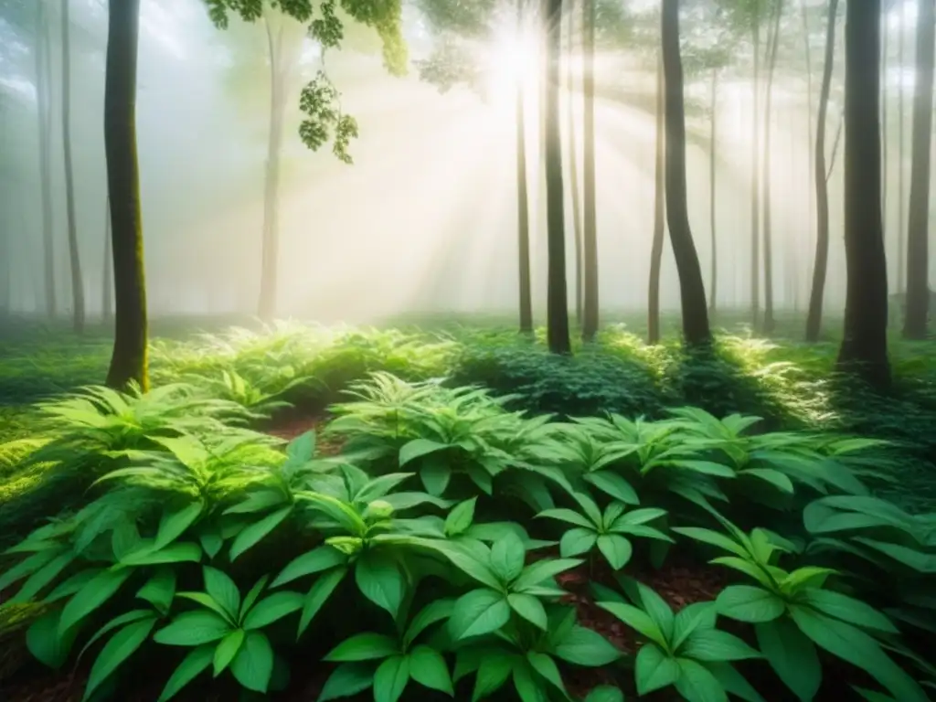 Un bosque verde exuberante con luz solar filtrándose entre las hojas, resaltando la belleza natural