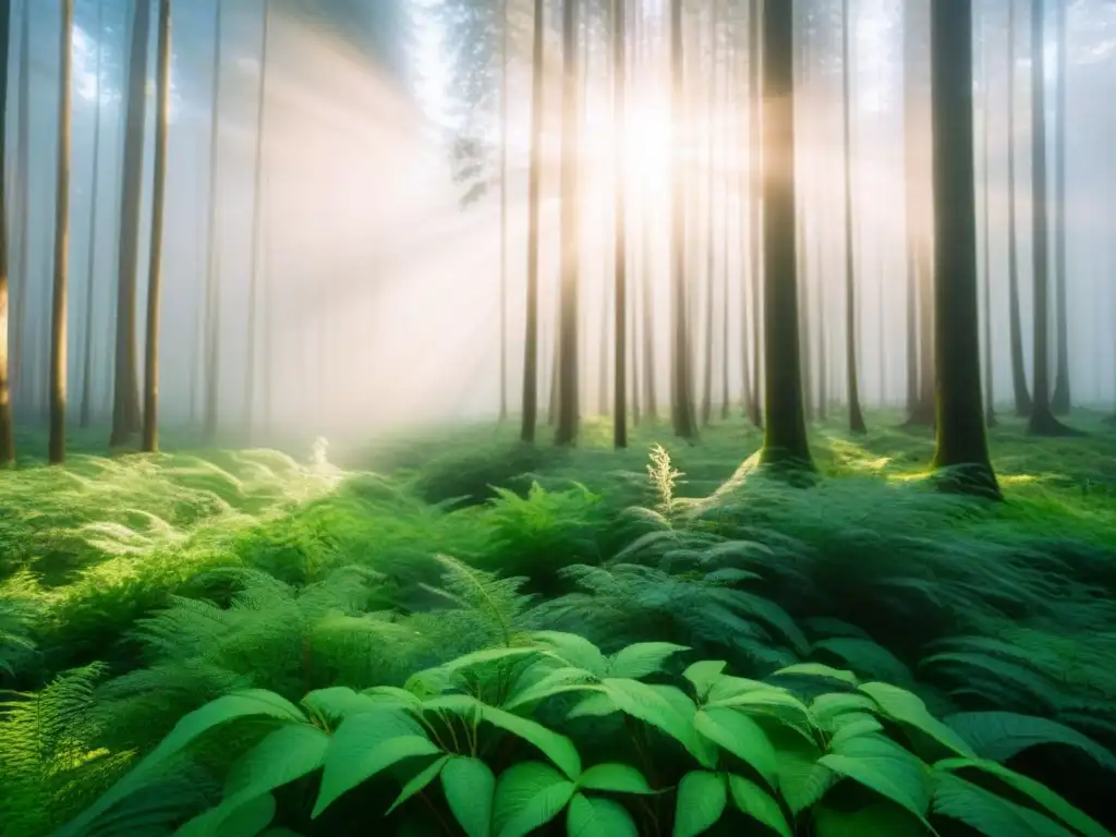 Un bosque verde exuberante con luz solar filtrándose entre las hojas, ideal para cosmética ecológica innovadora y sostenible