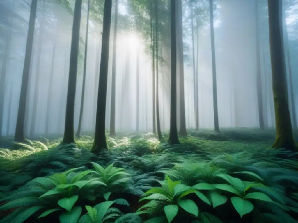 Bosque verde exuberante con luz solar filtrándose, reflejando sombras