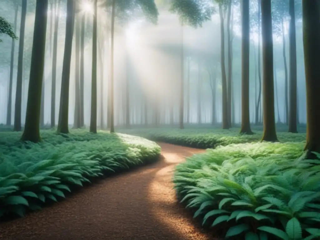 Un bosque verde exuberante con luz solar filtrándose entre las hojas, creando sombras moteadas en el suelo