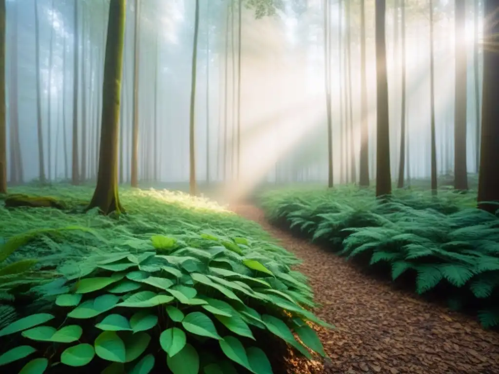 Un bosque verde exuberante con luz solar entre las hojas, creando sombras en el suelo del bosque