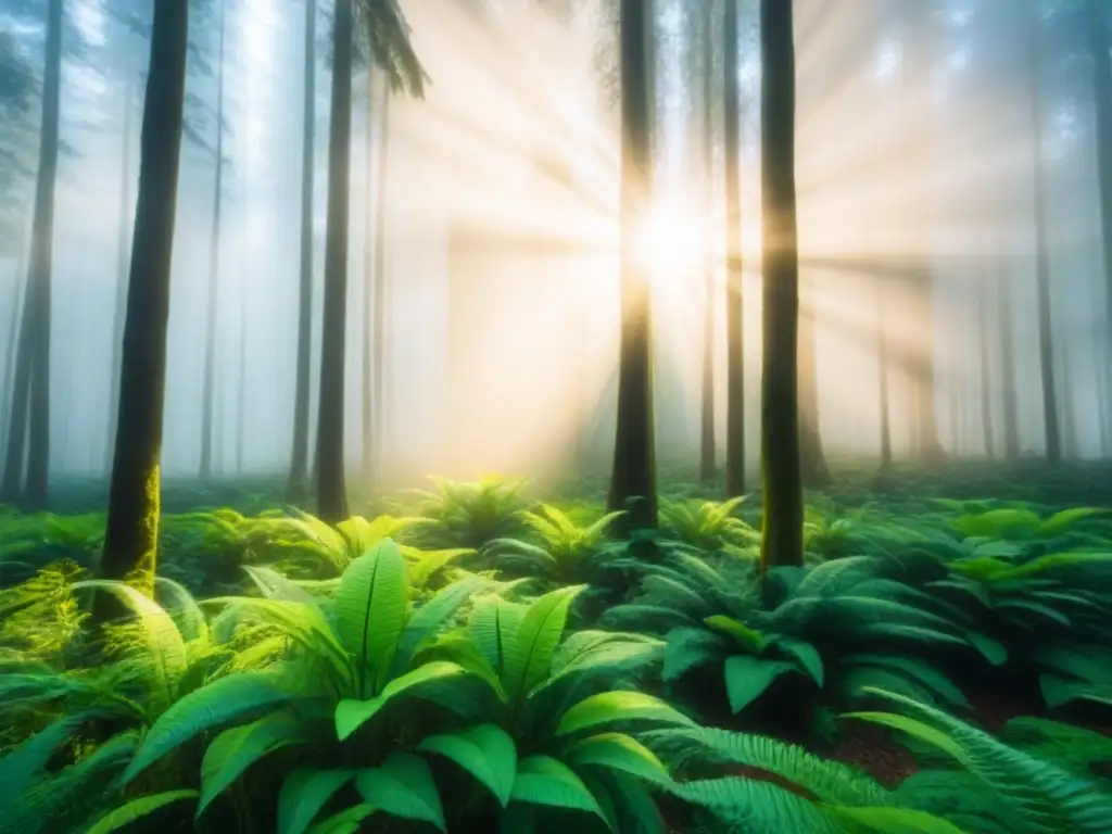 Un bosque verde exuberante con luz solar filtrándose a través del dosel, transmitiendo la serenidad de la naturaleza y la belleza en su forma más pura