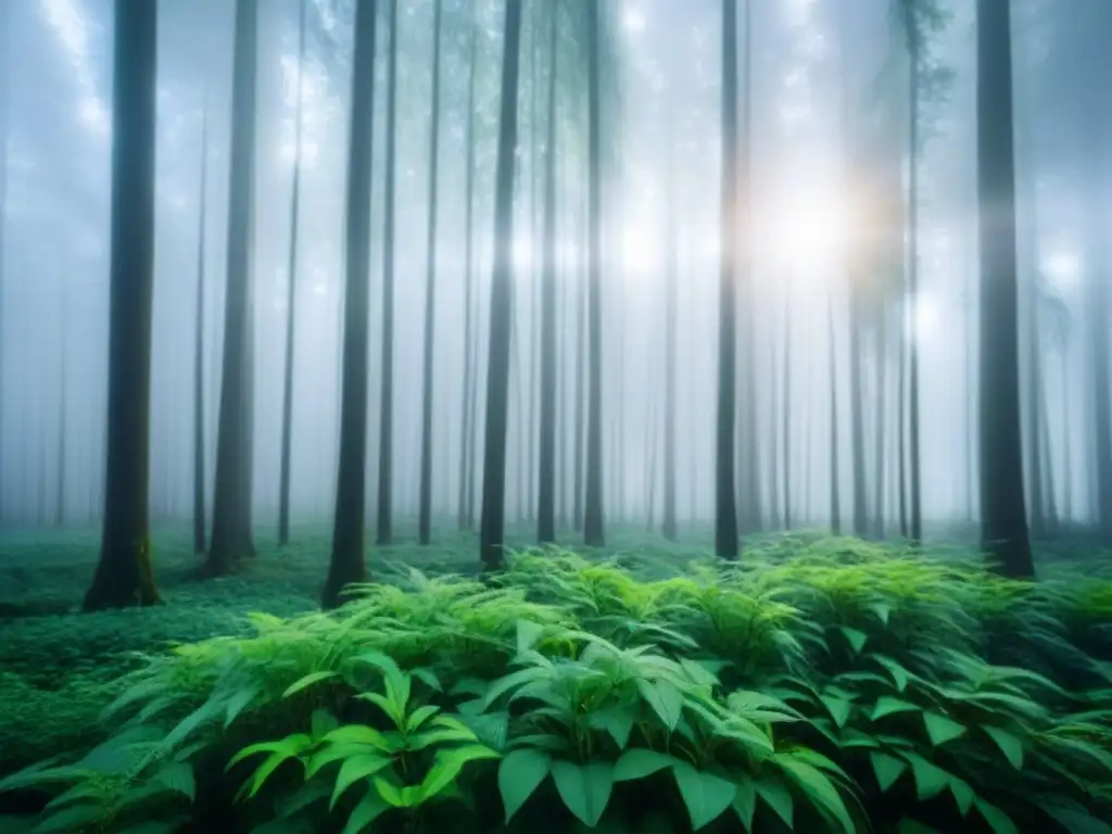 Un bosque verde exuberante con luz solar filtrándose entre las hojas, reflejando la belleza de la naturaleza en su estado puro, ideal para el comercio verde economía circular