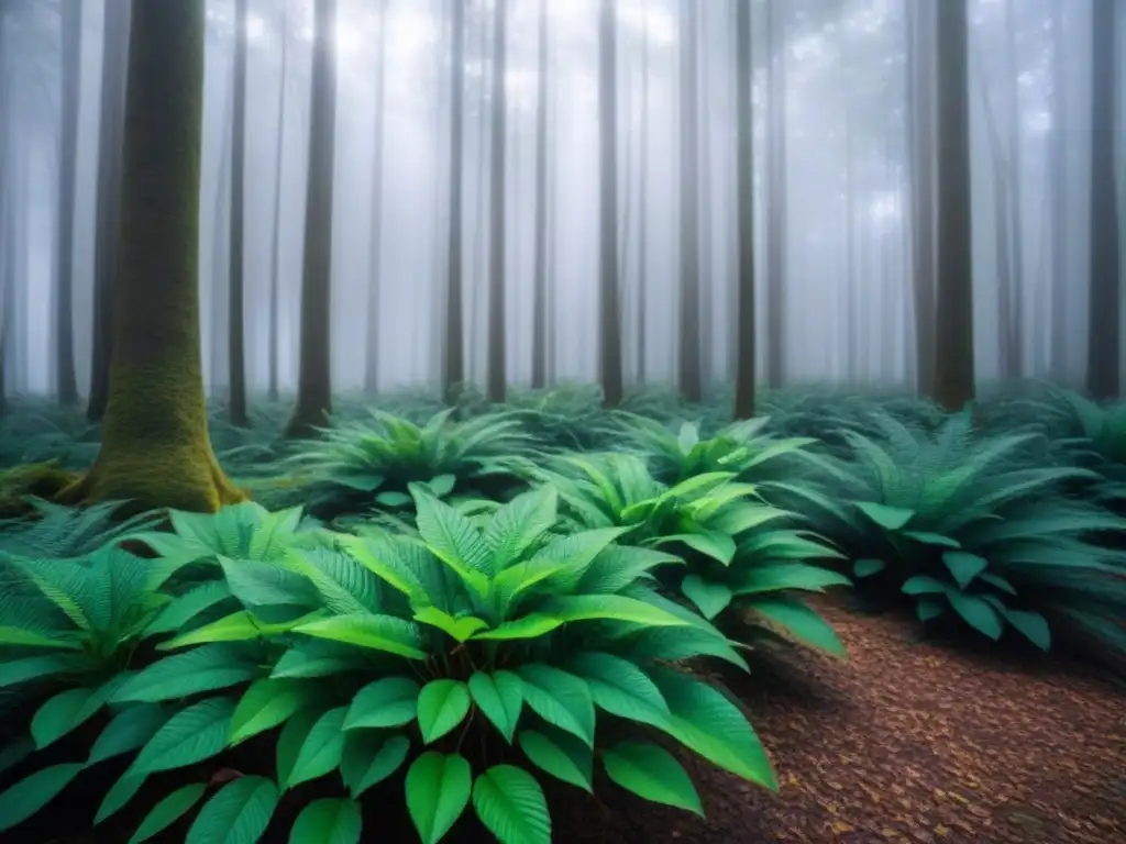 Bosque verde exuberante con luz solar filtrándose entre las hojas, destacando la belleza y tranquilidad de la naturaleza