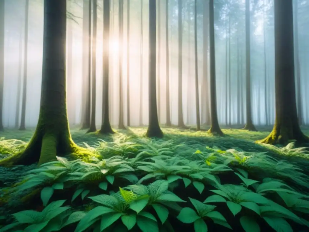 Un bosque verde exuberante con luz solar filtrándose entre las hojas, creando un patrón suave en el suelo