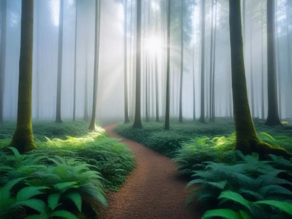 Un bosque verde exuberante con luz solar filtrándose entre las copas de los árboles, proyectando sombras moteadas en el suelo del bosque