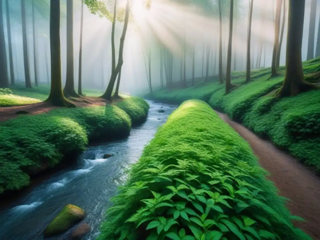 Un bosque verde exuberante con luz filtrándose entre el dosel, aves en las ramas y un arroyo brillante al fondo